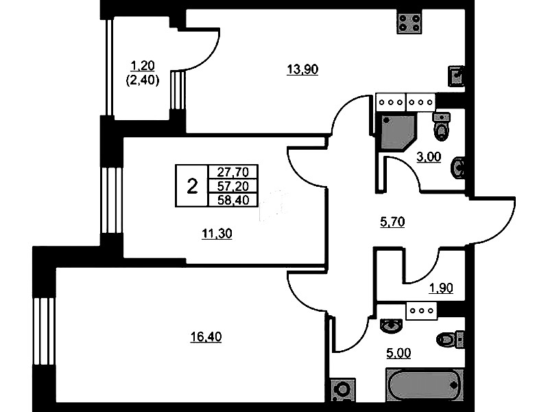 2-комнатная квартира 58.4 м², 6/13 эт., ЖК «Тайм Сквер»